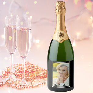 70th birthday photo black white women wine label