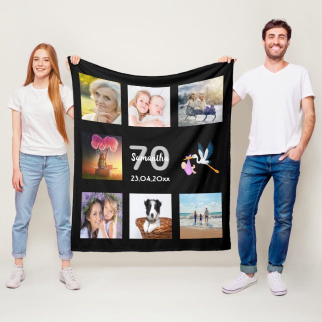 70th birthday photo collage black fleece blanket (In Situ)