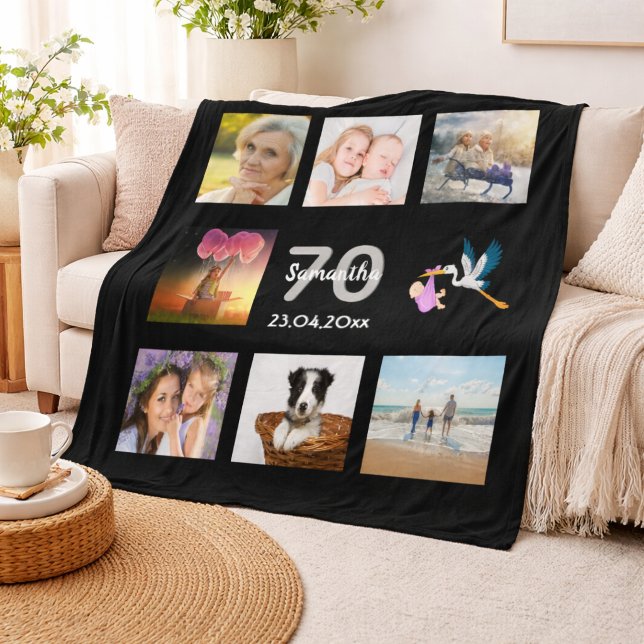 70th birthday photo collage black fleece blanket (Creator Uploaded)