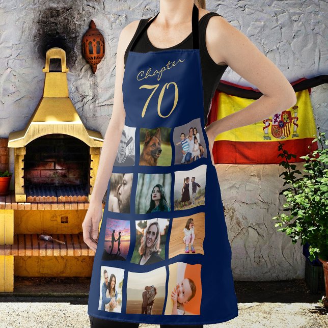 70th Birthday Photo Collage Blue Gold Apron (Creator Uploaded)