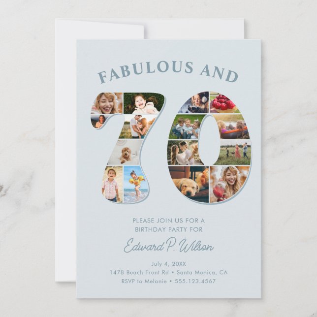 70th Birthday Photo Collage Elegant and Timeless Invitation (Front)
