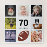 70th birthday photo collage man guy white jigsaw puzzle<br><div class="desc">A gift for a man's 70th birthday,  celebrating his life with a collage of 8 of your photos.  Templates for age 70 and a date.  Date of birth or the date of the anniversary.  Black colored letters.  White background.</div>