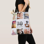 70th birthday photo collage white tote bag<br><div class="desc">A unique gift for a woman's 70th birthday, celebrating her life with a collage of 8 of your own photos, pictures. Personalise and add her name, age 70 and a date. A chic white background. Grey and black letters and numbers. The name is written with a modern hand lettered style...</div>