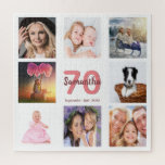 70th birthday photo collage woman white jigsaw puzzle<br><div class="desc">A gift for a woman's 70th birthday,  celebrating her life with a collage of 8 of your photos.  Templates for a name,  age 70 and a date.  Date of birth or the date of the anniversary.  Coral and burgundy colored letters.  White background.</div>