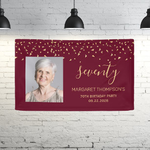 70th Birthday Photo Gold Triangles Burgundy Banner