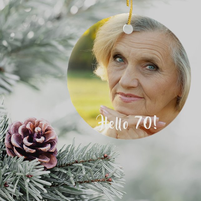 70th birthday photo hello 70 ceramic tree decoration (Creator Uploaded)