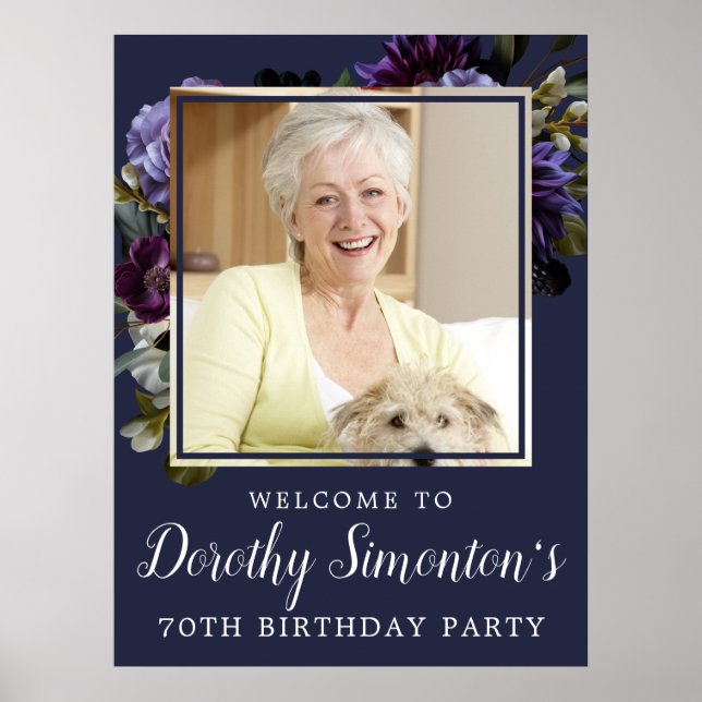70th Birthday Photo Moody Purple Floral Welcome Poster (Front)