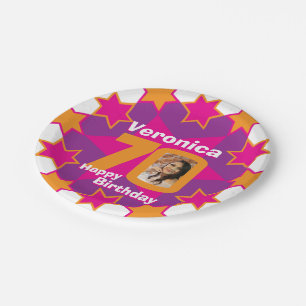 70th birthday photo name pink star paper plate
