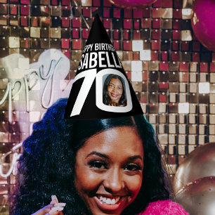 70th birthday photo personalised white black party hat