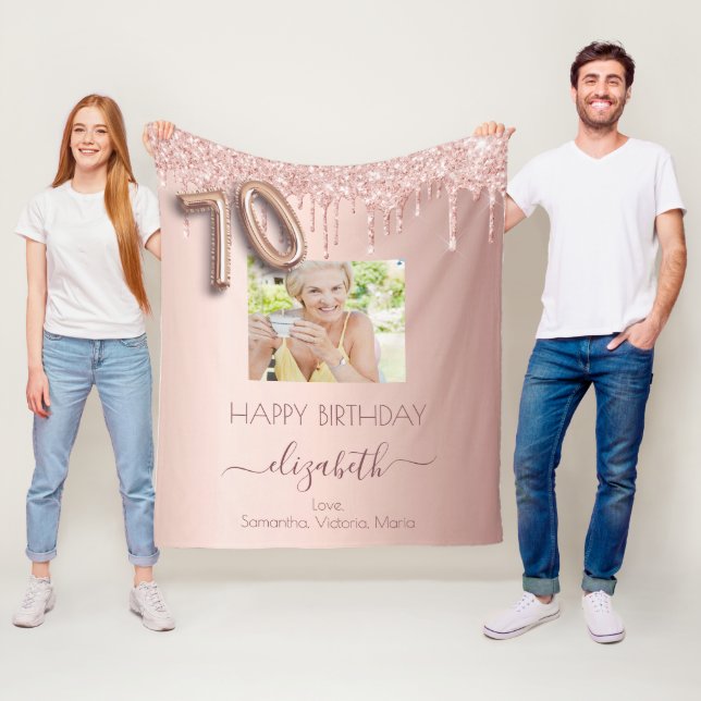 70th birthday photo rose gold glitter pink friends fleece blanket (In Situ)