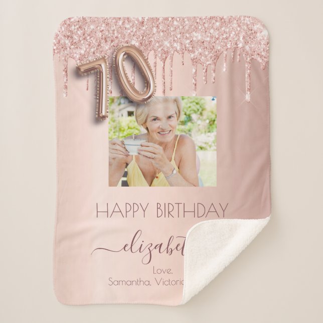 70th birthday photo rose gold glitter pink friends sherpa blanket (Front)
