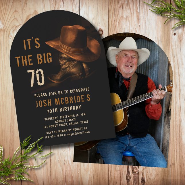 70th Birthday Photo Rustic Cowboy Hat Boots Invitation (Creator Uploaded)