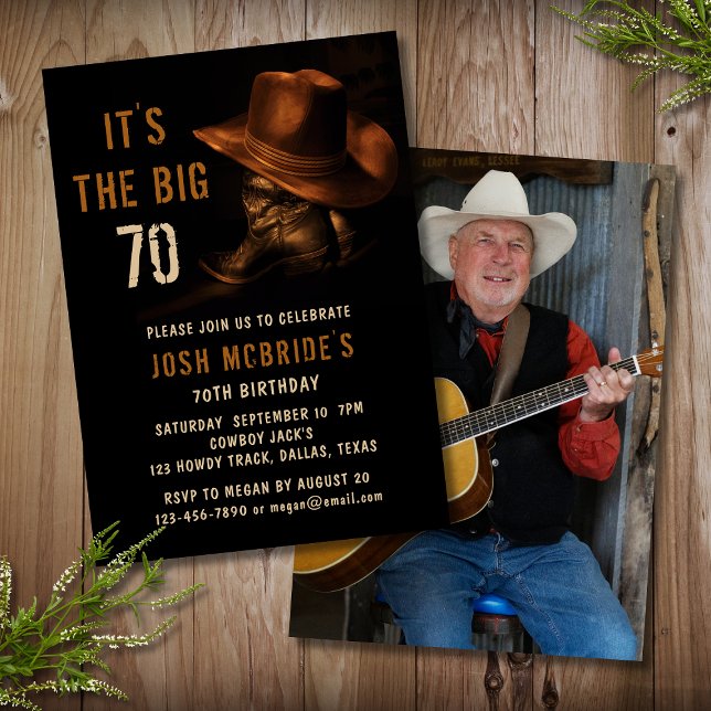 70th Birthday Photo Rustic Cowboy Hat Boots Invitation (Creator Uploaded)