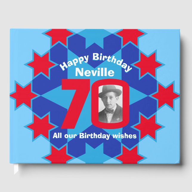 70th birthday photo star red blue guest book (Front)
