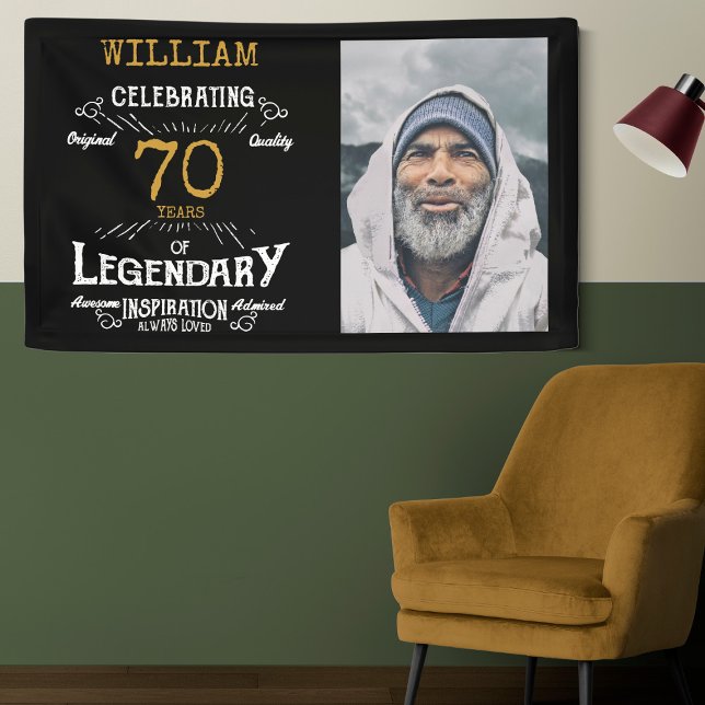 70th Birthday Photo Template Legendary Banner (Custom 70th birthday wall banner hanging on a two tone green wall. )