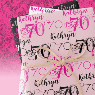 70th birthday Pink Black White Set Personalised Wrapping Paper Sheet
