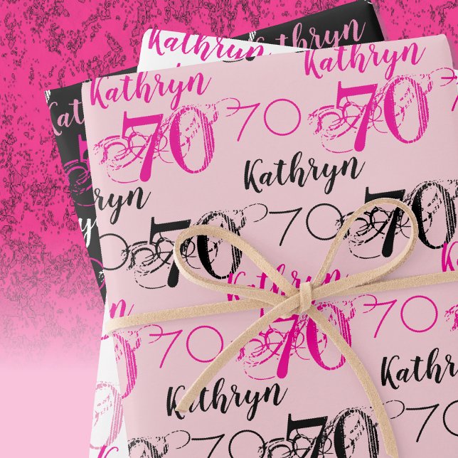 70th birthday Pink Black White Set Personalised Wrapping Paper Sheet (in-situ depiction of wrapping paper set)