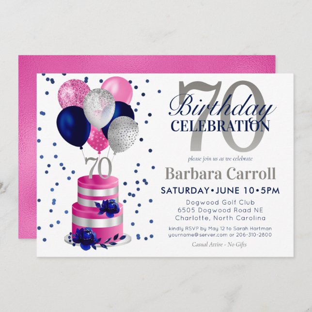 70th Birthday Pink Cake Invitation (Front/Back)