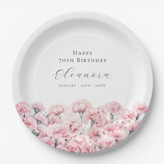 70th Birthday Pink Carnation January Birth Flower Paper Plate (Front)