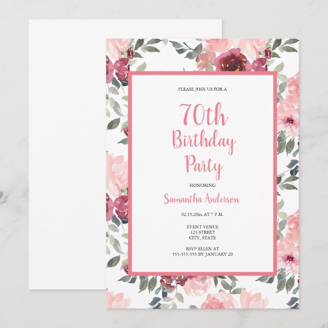 70th Birthday Pink Floral  Invitation (Front/Back)