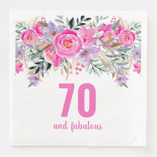 70th birthday pink floral party napkins (Front)
