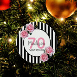 70th birthday pink florals black stripes name ceramic tree decoration<br><div class="desc">Classic slim black and white vertical stripes as background. With girly, feminine and romantic pink roses as decoration. A white and black frame on front with template for age, name and date. Age number 70 in pink, name and date in black. The name is written with a hand-lettered style script....</div>