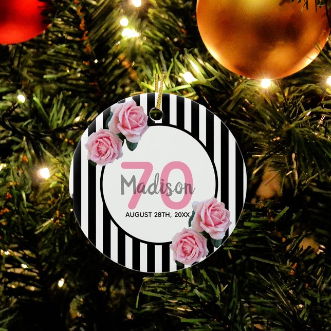 70th birthday pink florals black stripes name ceramic tree decoration (Creator Uploaded)