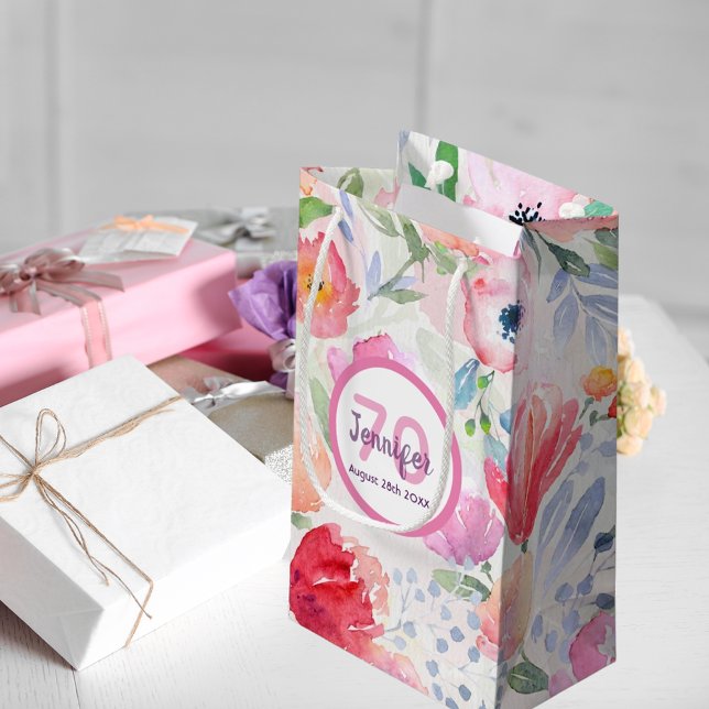 70th birthday pink flowers pastel bohemian small gift bag (Creator Uploaded)