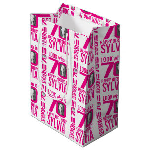 70th birthday pink look 70 custom photo name medium gift bag