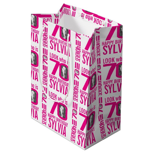 70th birthday pink look 70 custom photo name medium gift bag (Back Angled)