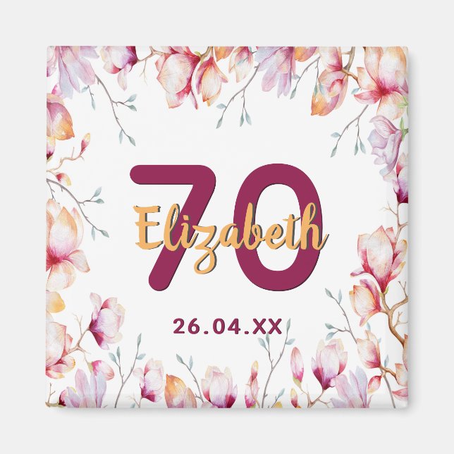 70th birthday pink magnolia floral save the date magnet (Front)