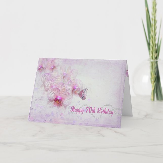 70th Birthday Pink Orchids Card (Front)