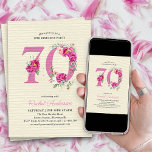 70th Birthday Pink Peony Floral Number 70 Invitation<br><div class="desc">70th birthday party invitation with floral number 70. This elegant vintage design features a pink number 70 decorated with pink peony flowers,  roses and eucalyptus on a subtle striped background. Beautifully feminine with country garden charm - perfect for a special lady celebrating a 70th birthday.</div>