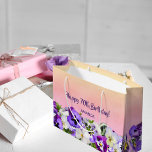 70th Birthday pink purple florals monogram Large Gift Bag<br><div class="desc">An elegant pink and peach gradient coloured background and a border of violet,  purple and white pansies.  Purple hand lettered style script and the text: Happy 70th Birthday! Template for a name.</div>