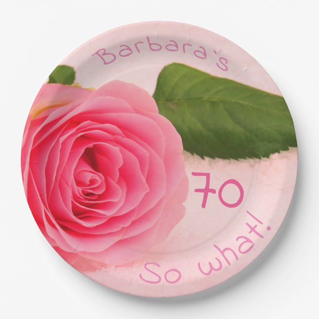70th Birthday Pink Rose Custom Name Motivational Paper Plate (Front)