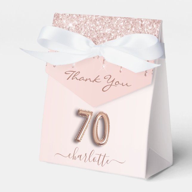70th birthday pink rose gold glitter thank you favour box (Front Side)