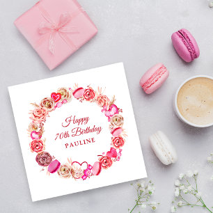 70th Birthday Pink Rose Swirly Heart Valentine's  Napkin