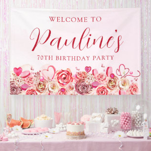 70th Birthday Pink Rose Swirly Heart Welcome Banner