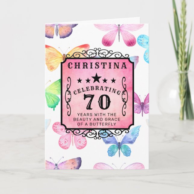 70th Birthday Pink Watercolor Butterfly Greeting Card (Front)