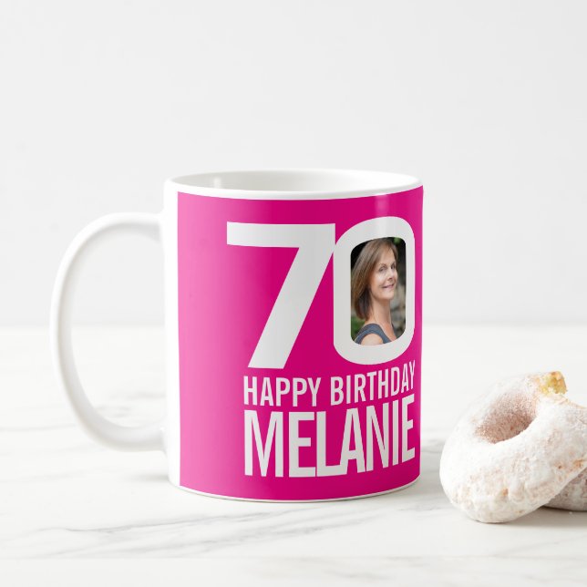 70th birthday pink white custom photo name coffee mug (With Donut)