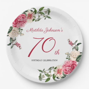 70th Birthday Pink White Elegant Floral Botanical Paper Plate