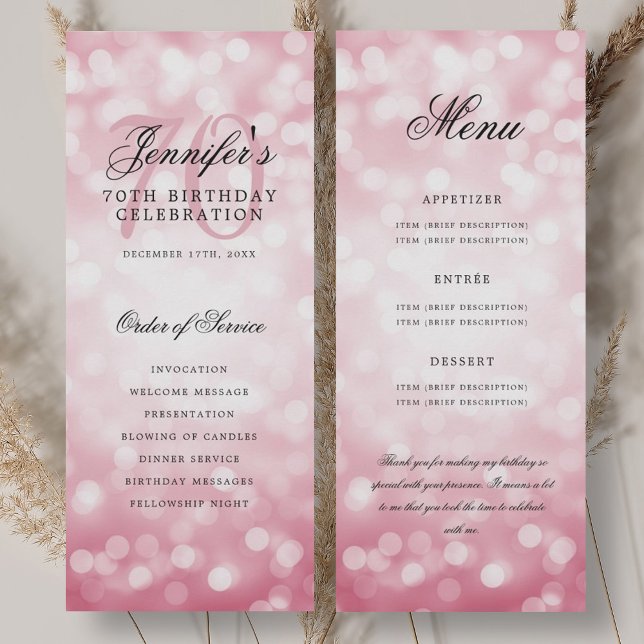 70th Birthday Program Blush Pink Bokeh Menu Invitation (70th Birthday Program Blush Pink Bokeh Menu)