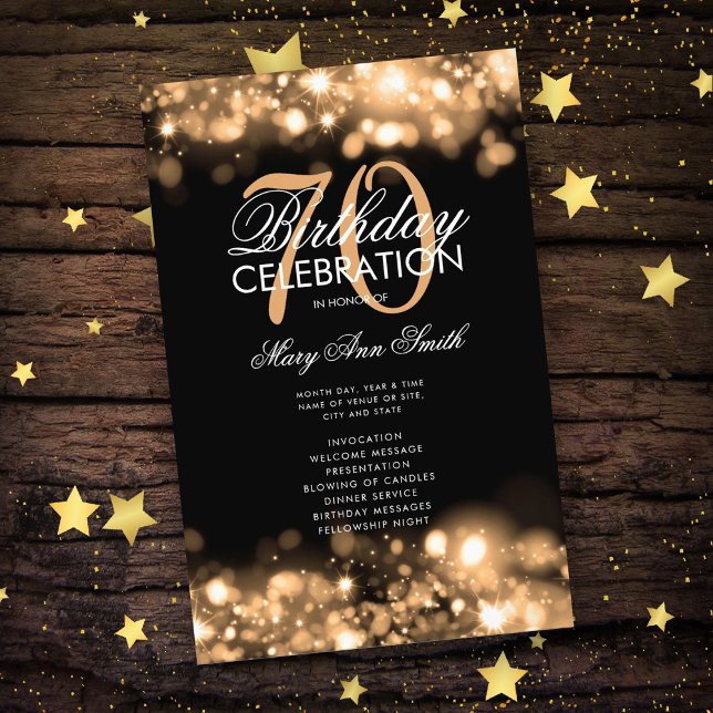 70th Birthday Program Glam Lights Gold Menu (Creator Uploaded)