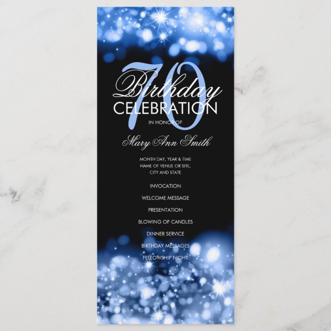 70th Birthday Program Glam Lights Navy Blue Menu (Front)