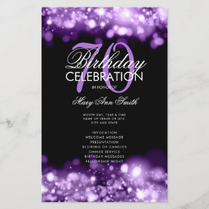 70th Birthday Program Glam Lights Purple Menu