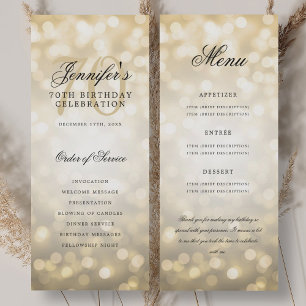 70th Birthday Program Gold Bokeh Menu+Thank You Invitation
