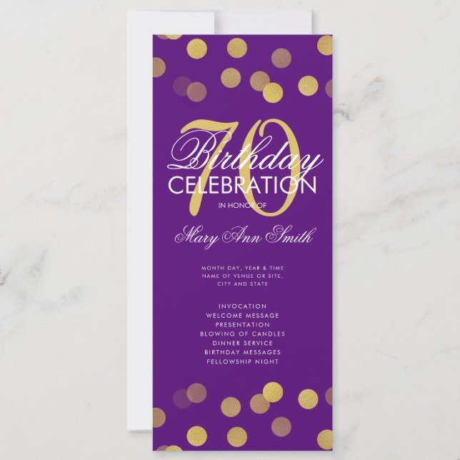 70th Birthday Program Gold Confetti w/ Menu Purple Invitation (Front)