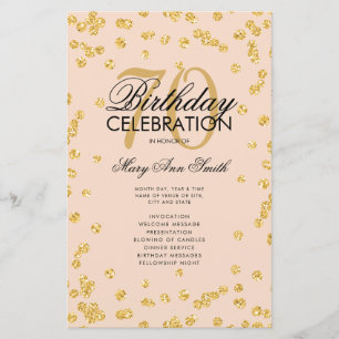 70th Birthday Program Gold Glitter Menu Blush