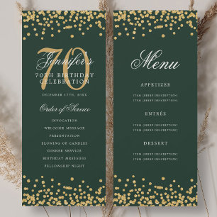 70th Birthday Program Gold Green Confetti Menu Invitation