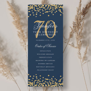 70th Birthday Program Gold Navy Confetti Invitation